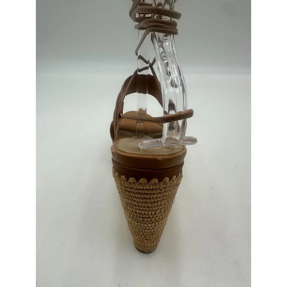 Stuart Weitzman Abandon Tan Leather Lace Up Espadrille Raffia Wedge Size 11M